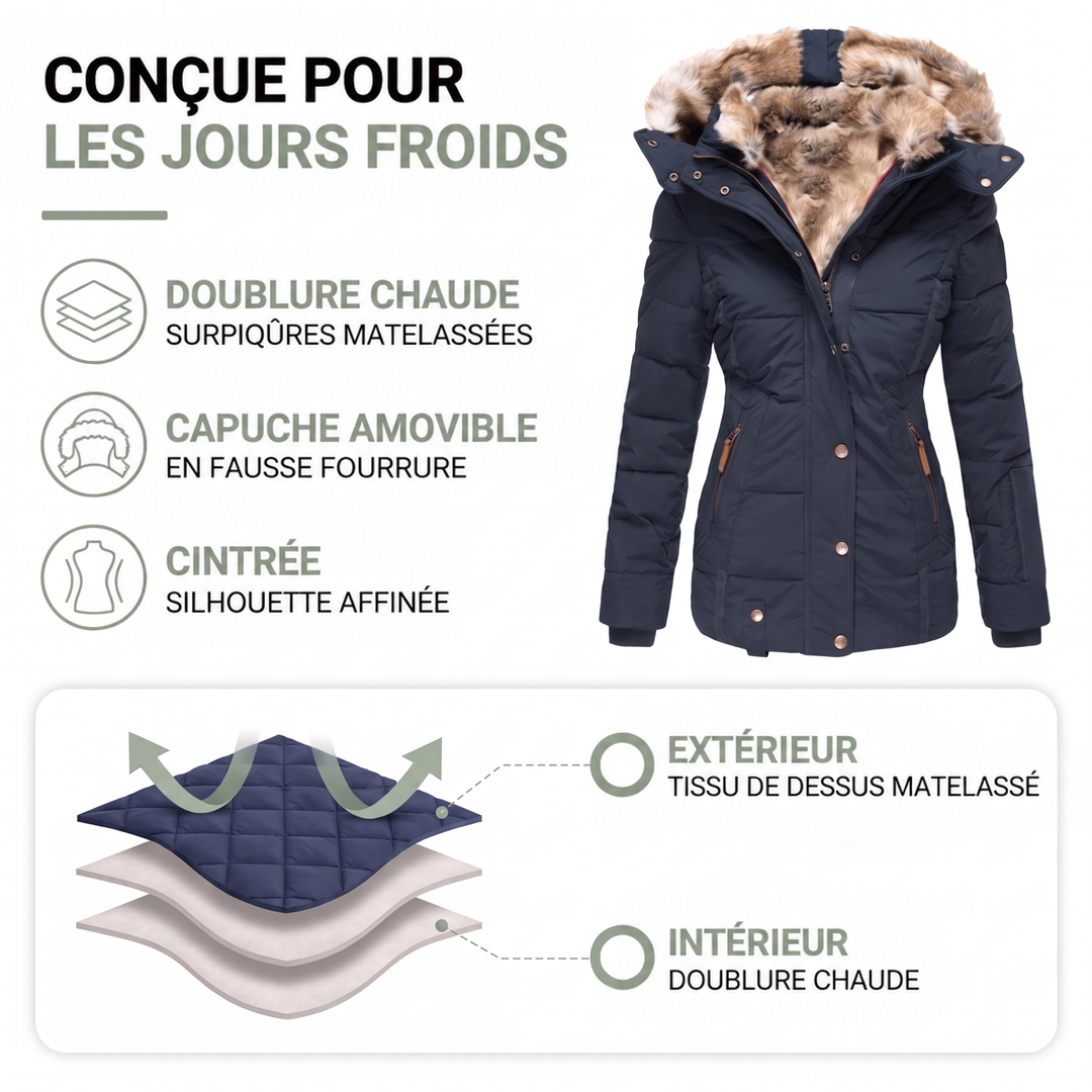 Visuel explicatif de la parka bleu marine, avec schéma des couches matelassées et de la doublure chaude 2