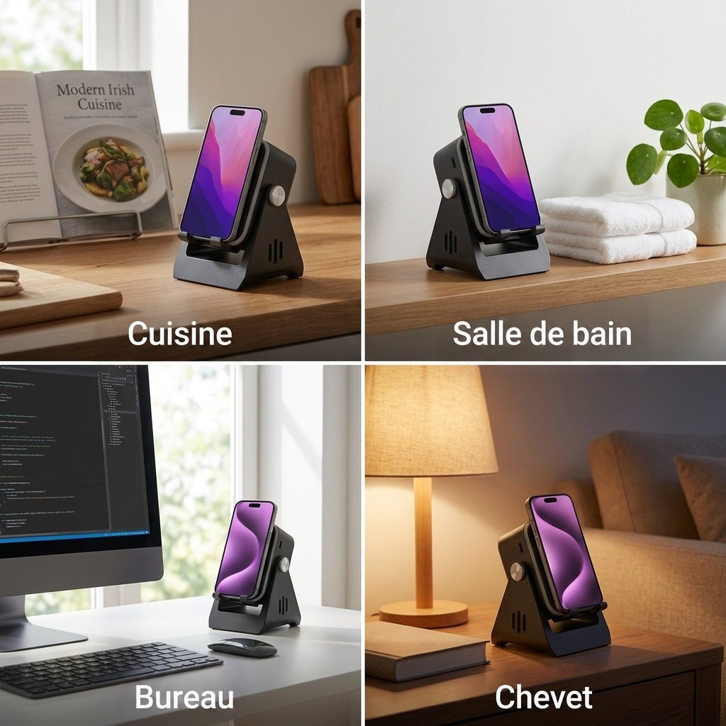 Quatre mises en situation du support : cuisine, salle de bain, bureau et table de chevet 6