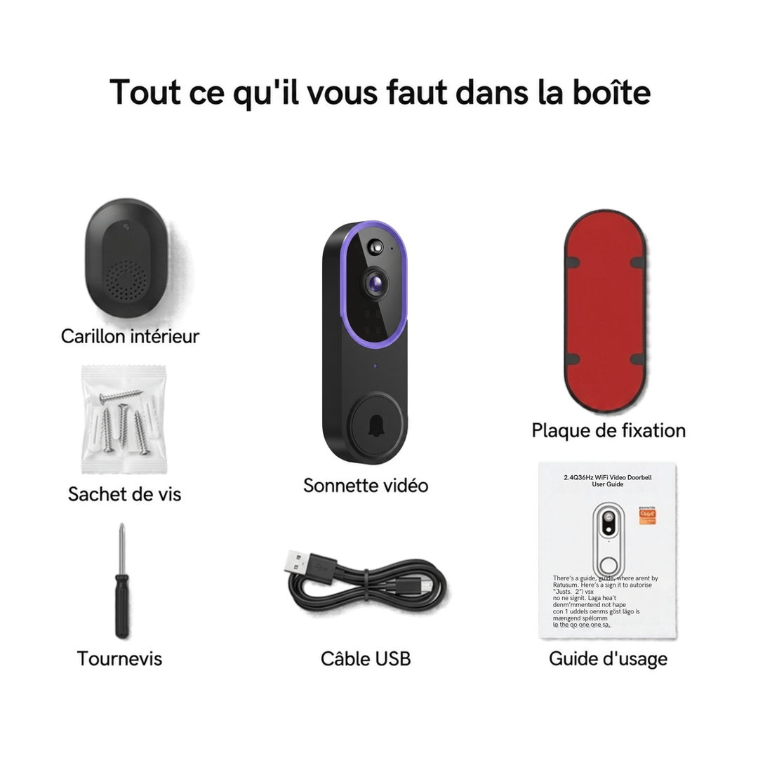 À plat sur fond blanc: sonnette, carillon intérieur, plaque de fixation, vis, tournevis, câble USB et notice 7