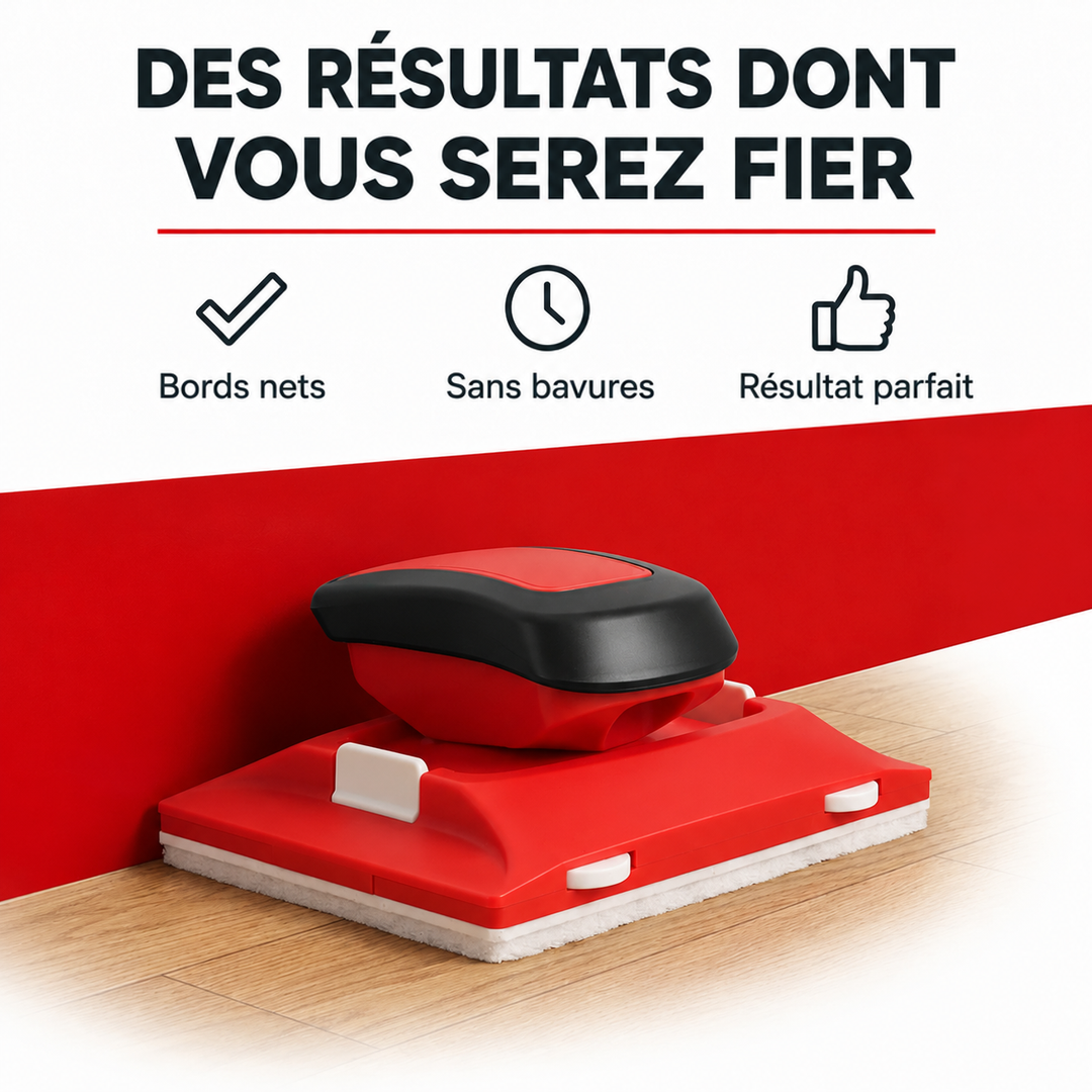 Outil posé contre un mur peint en rouge, sa bande de feutre blanc touchant le parquet 2