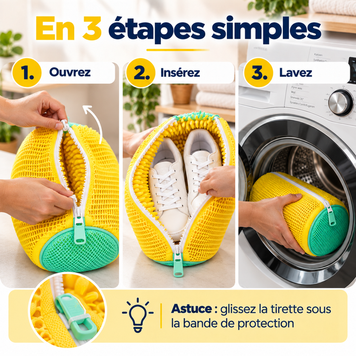 Trois étapes d'utilisation : ouvrir la fermeture, placer les baskets, mettre le sac en machine 6