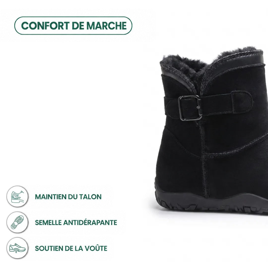 Botte noire en gros plan sur la boucle et la doublure, avec pictogrammes de soutien et semelle antidérapante 13