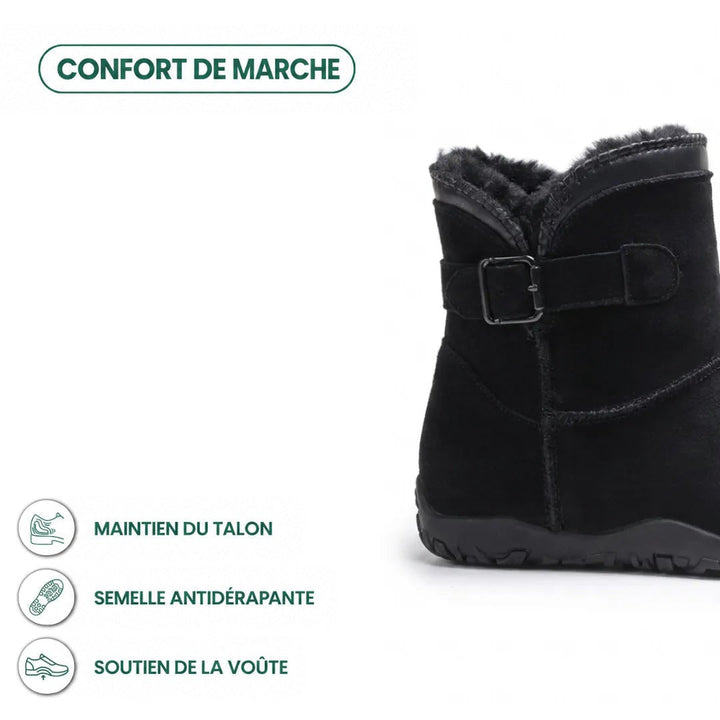 Botte noire en gros plan sur la boucle et la doublure, avec pictogrammes de soutien et semelle antidérapante 13