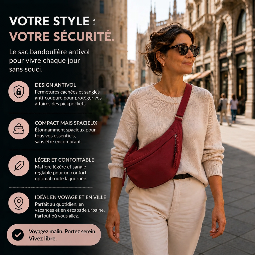 Femme en pull beige portant le sac bordeaux en bandoulière dans une rue de ville, avec encadré de pictogrammes sur les atouts du sac. 2