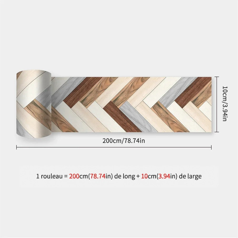 Rouleau de bande imitant un parquet en chevrons de bois blancs, gris et bruns 35