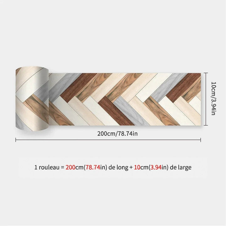 Rouleau de bande imitant un parquet en chevrons de bois blancs, gris et bruns 35