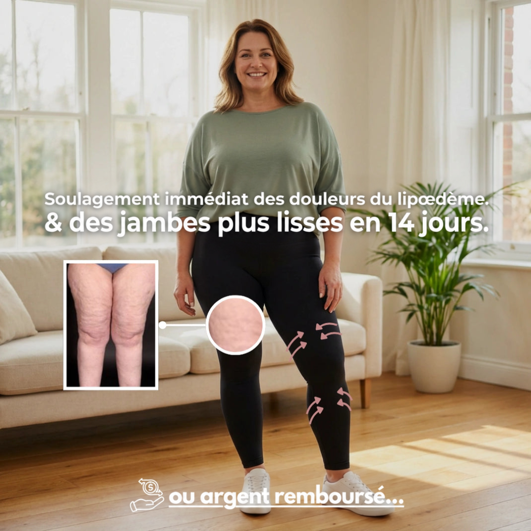 Femme souriante en leggings noirs et haut vert dans un salon lumineux, avec flèches de compression et zoom sur la peau d'une cuisse. 17