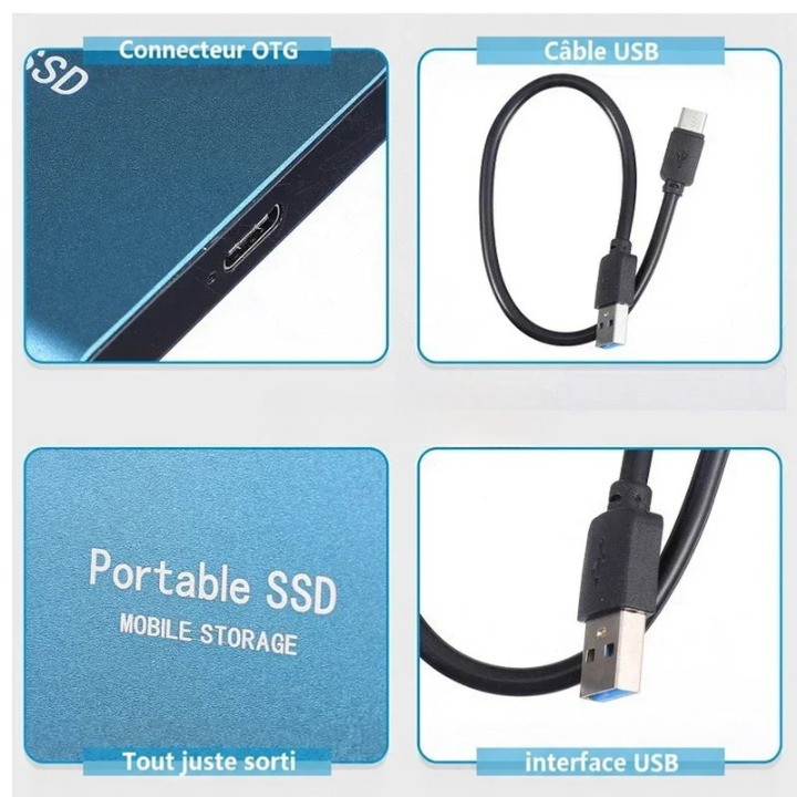 Quatre détails du SSD bleu : port de connexion, câble USB-C vers USB-A, gravure et prise USB 7