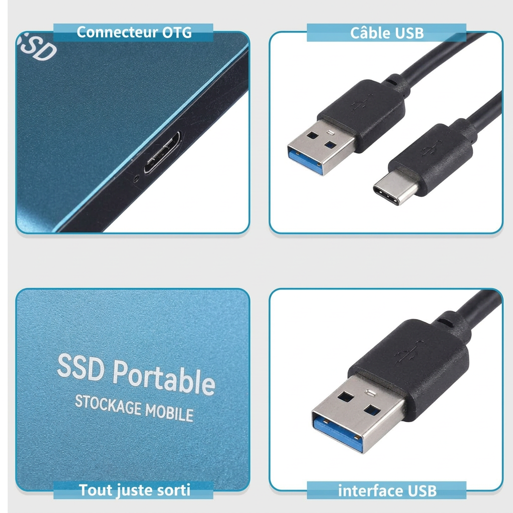 Quatre gros plans du SSD bleu : port de connexion, câble USB, inscription gravée et prise USB 7