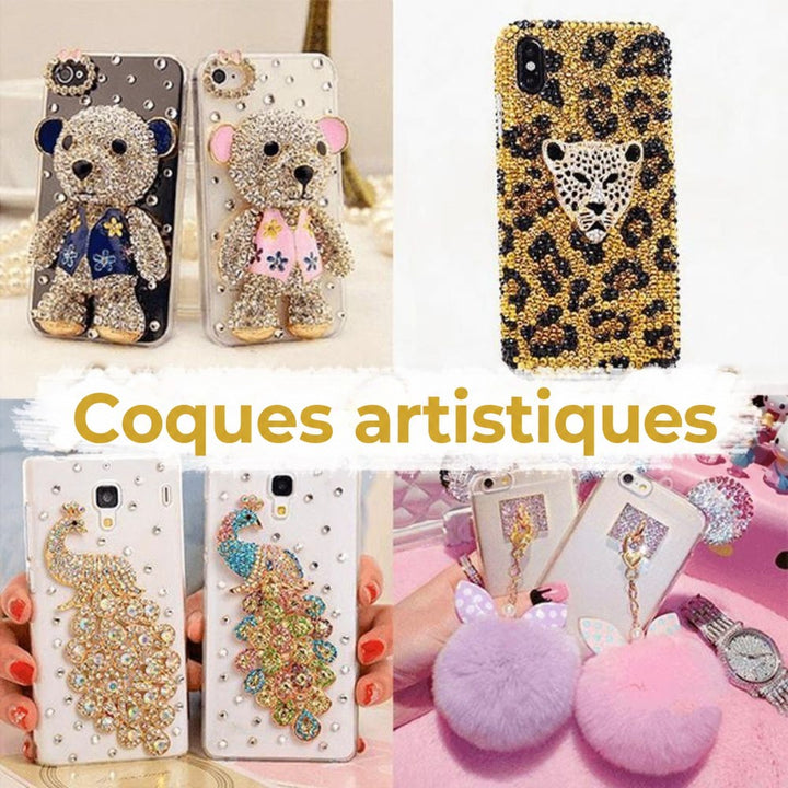 Coques de téléphone décorées de strass : oursons, motif léopard, paons et pompons moelleux 4