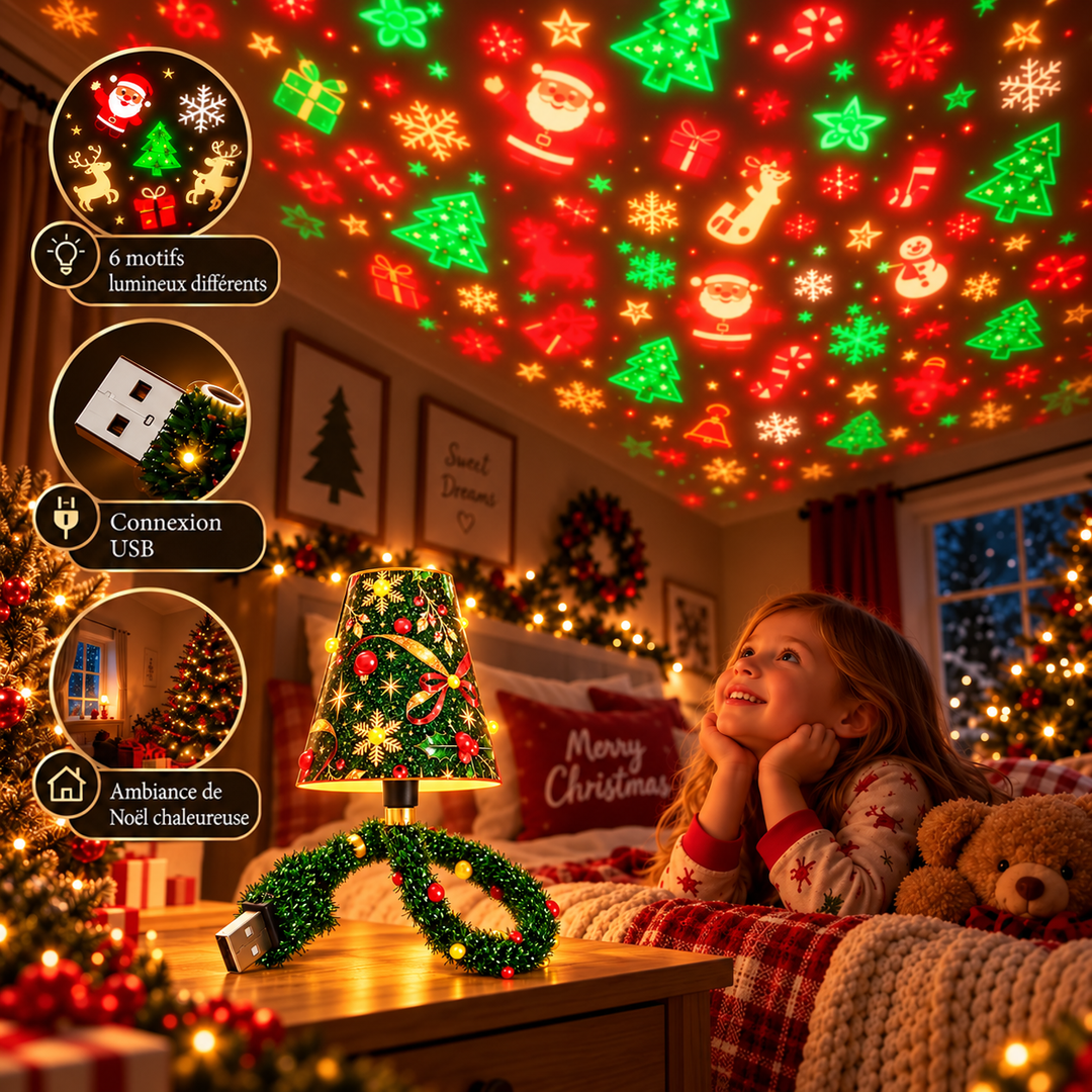 Enfant souriant allongé sur un lit, regardant les motifs de Noël projetés au plafond par la lampe posée sur la table de chevet. 8