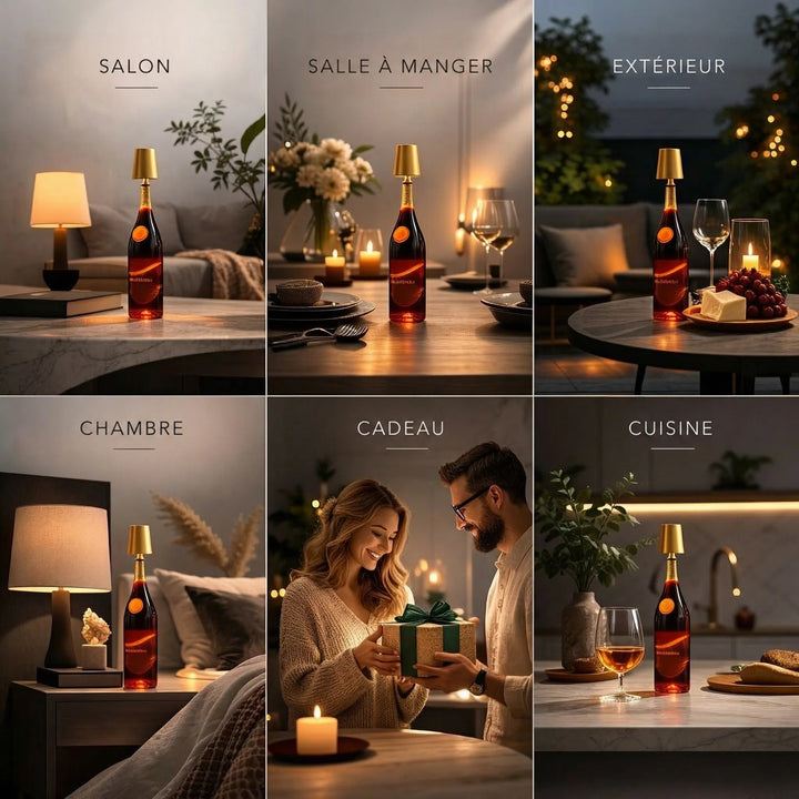 Six scènes d'ambiance montrant la lampe en salon, salle à manger, extérieur, chambre, cadeau offert et cuisine 5