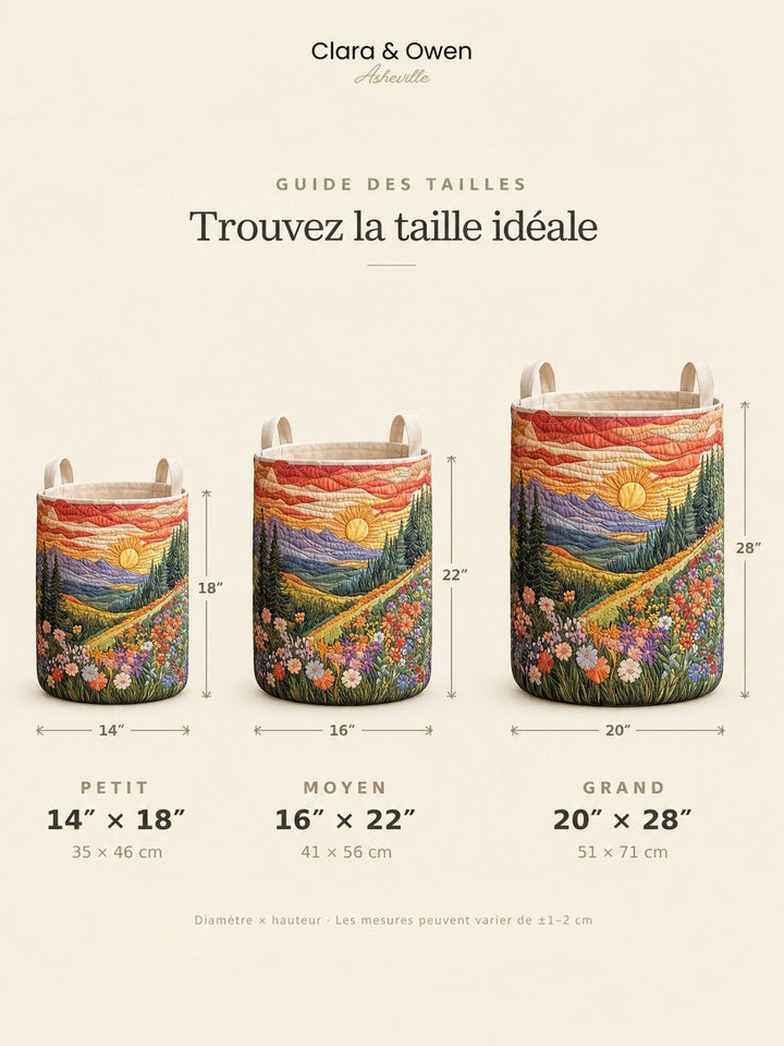 Comparatif des trois tailles de paniers côte à côte, petit, moyen et grand, avec leurs diamètres et hauteurs indiqués en pouces et en centimètres. 5
