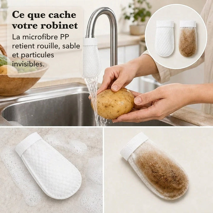 Capuchon en place sur un robinet pendant le lavage d'une pomme de terre, avec comparaison d'un capuchon propre et d'un capuchon chargé de rouille. 4
