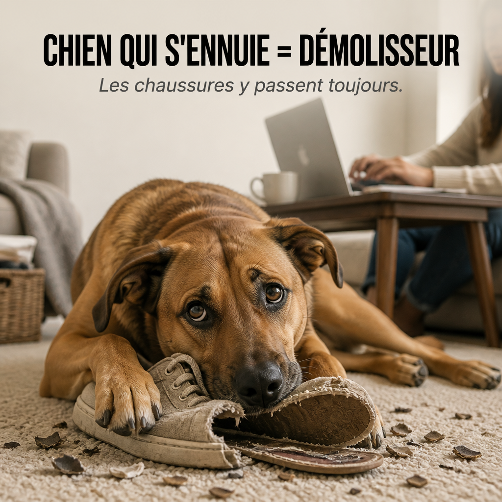 Chien ennuyé couché sur un tapis, une chaussure mâchée sous le museau, fragments éparpillés 2