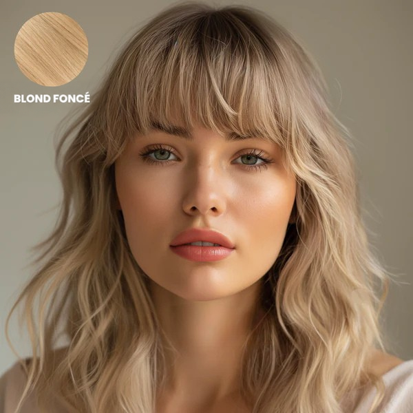 Femme de face portant la frange, coloris blond cendré, avec échantillon de mèche en médaillon 1