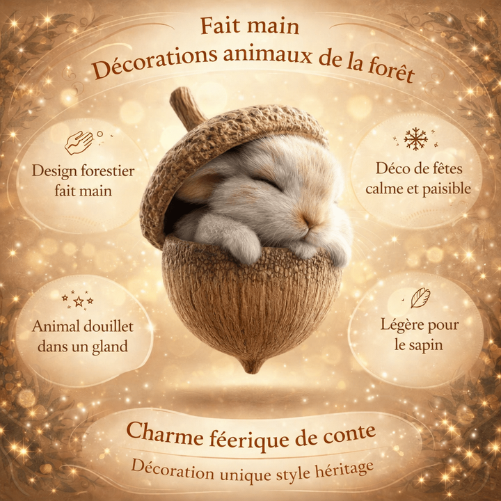 Visuel de présentation du lapin dans son gland, entouré de bulles décrivant les atouts de la décoration 7
