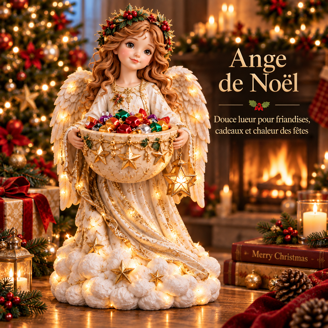 Figurine d'ange aux ailes blanches portant un bol doré de bonbons, avec lanterne en forme d'étoile 3