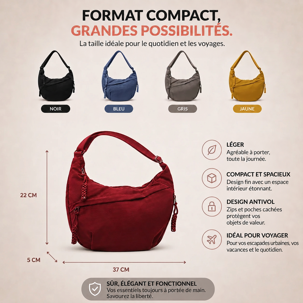 Sac bordeaux avec ses dimensions indiquées, entouré de quatre autres coloris (noir, bleu, gris, jaune) et de pictogrammes d'avantages. 3