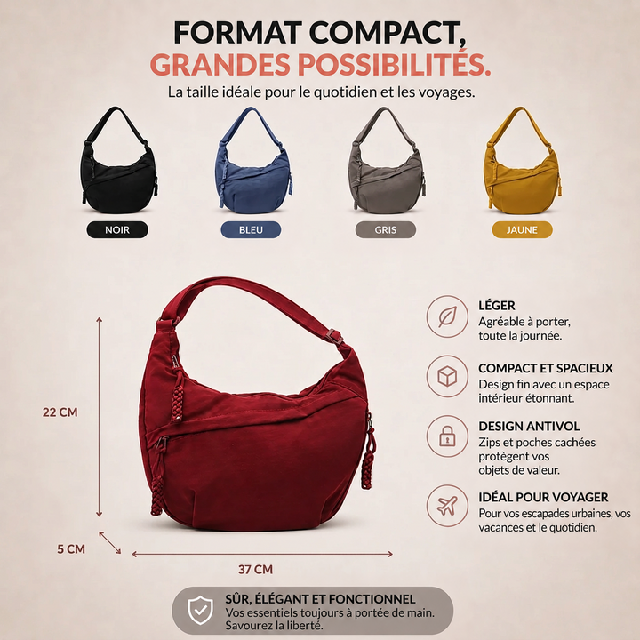 Sac bordeaux avec ses dimensions indiquées, entouré de quatre autres coloris (noir, bleu, gris, jaune) et de pictogrammes d'avantages. 3