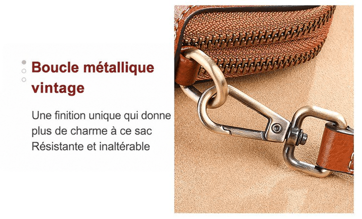 Gros plan sur le mousqueton vieilli et l'anneau reliant la sangle au sac en cuir brun roux 15