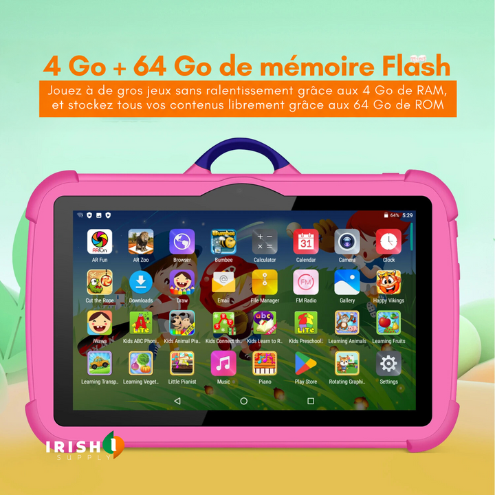 Tablette rose de face, écran rempli d'icônes d'applications éducatives et de jeux pour enfants 6