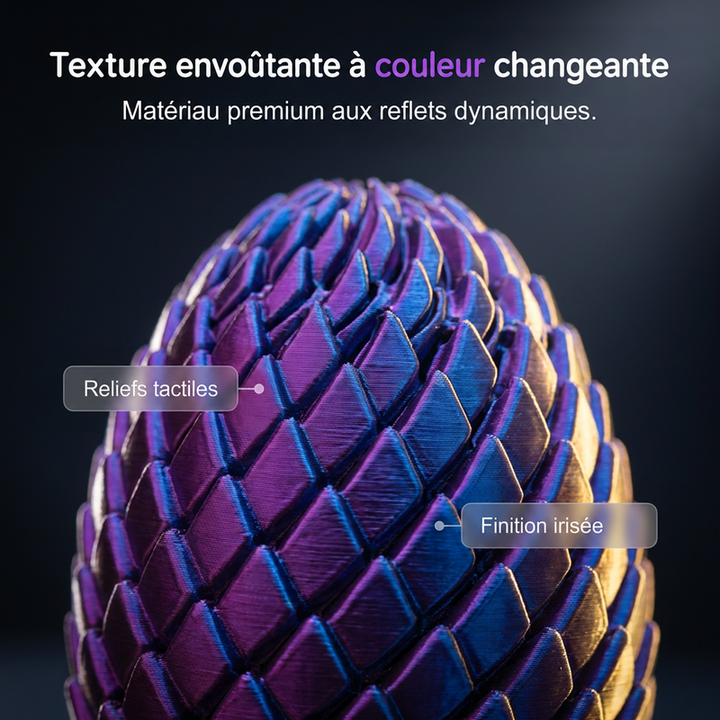 Détail macro des écailles en relief de l'œuf, aux reflets changeants du violet au bleu, sur fond sombre. 5