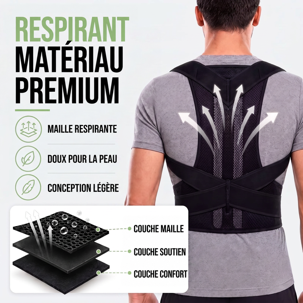 Homme de dos portant le correcteur noir, avec flèches de ventilation et schéma des trois couches : maille, soutien et confort. 7