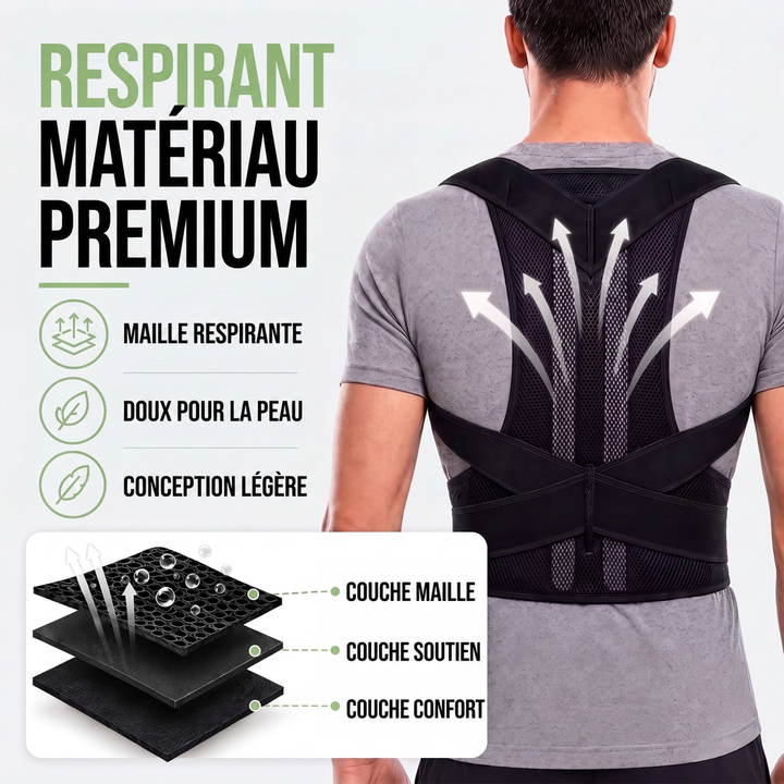 Homme de dos portant le correcteur noir, avec flèches de ventilation et schéma des trois couches : maille, soutien et confort. 7