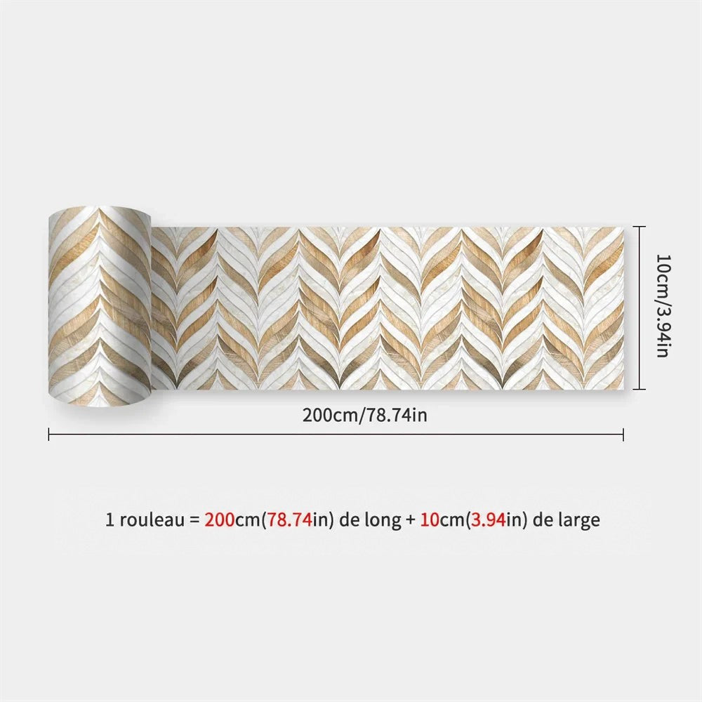 Rouleau à motif de feuilles en chevrons beige et blanc nacré, avec indication des dimensions 43
