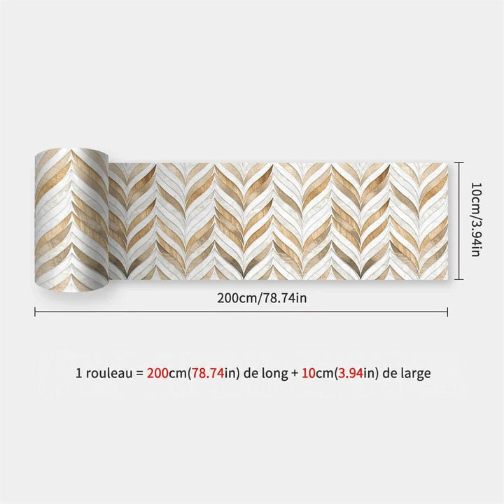 Rouleau à motif de feuilles en chevrons beige et blanc nacré, avec indication des dimensions 43