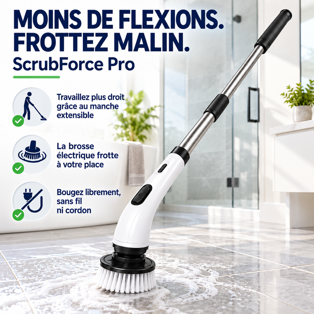 Brosse électrique blanche à long manche télescopique qui frotte un sol carrelé mousseux dans une salle de bain 1