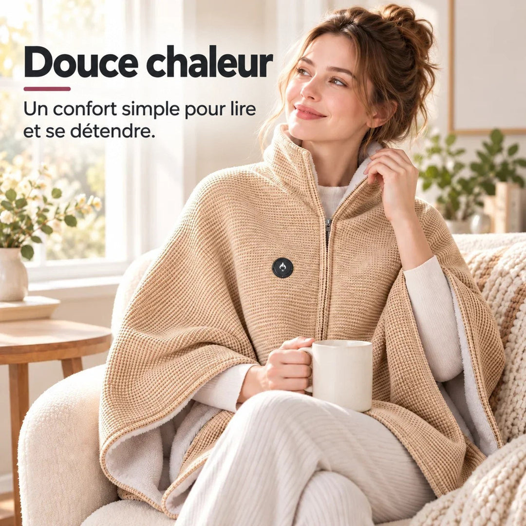 Femme dans un fauteuil, enveloppée dans la couverture beige à col montant, tenant une tasse 6