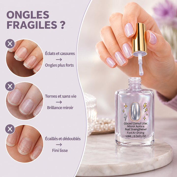 Main appliquant le vernis avec le pinceau au-dessus du flacon, à côté de comparatifs d'ongles abîmés 2