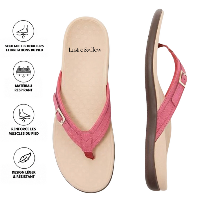 Tongs roses vues de dessus et de profil, entourées de pictogrammes de leurs avantages 12