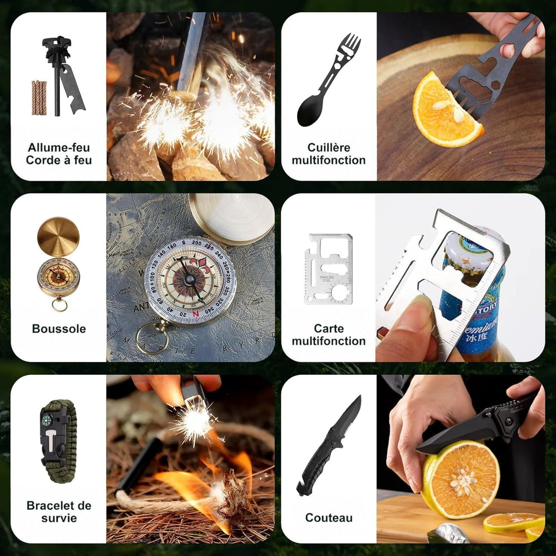 Six accessoires utilisés en plein air: allume-feu, cuillère multifonction, boussole, carte multi-outils, bracelet de survie 4