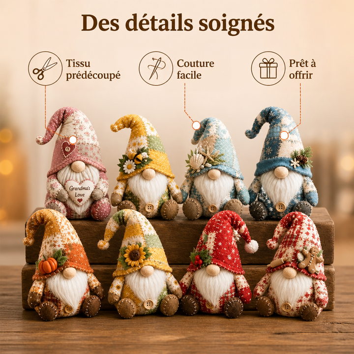 Huit nains patchwork assis sur des planches en bois, chacun avec son chapeau et sa décoration différents 3