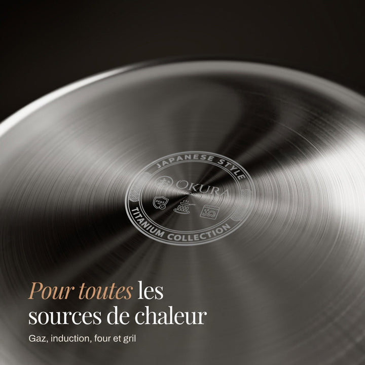 Fond extérieur brossé d'une poêle avec un cachet gravé en son centre, compatible toutes sources de chaleur 5