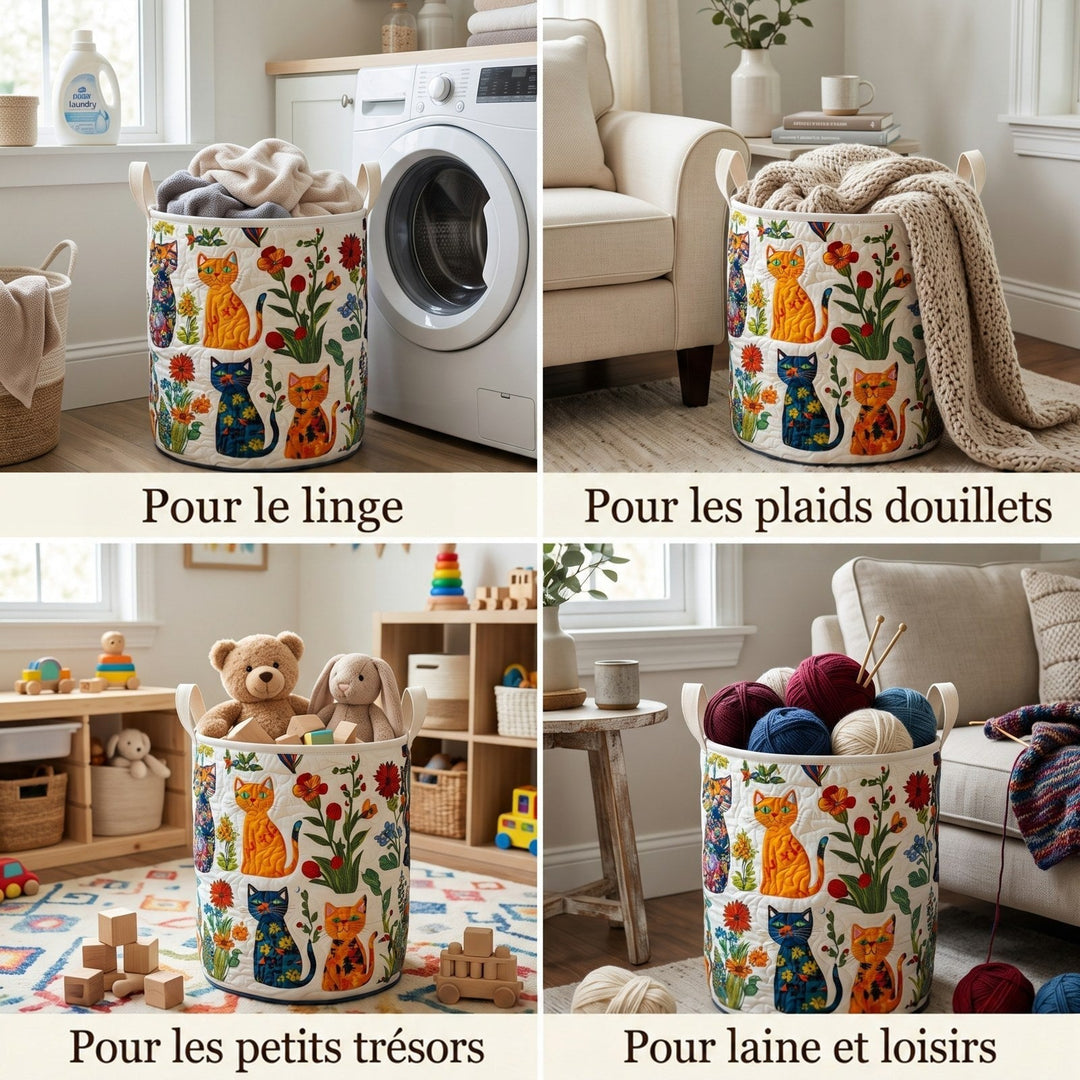 Montage de quatre scènes montrant le panier à chats rempli de linge, de plaids, de jouets d'enfant et de pelotes de laine. 2