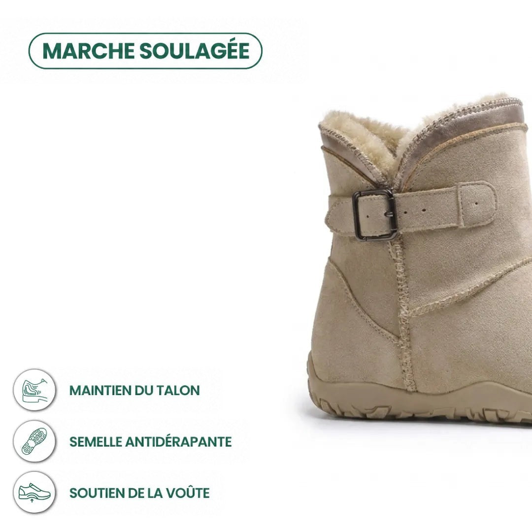Botte beige en gros plan sur la boucle et la doublure, avec pictogrammes de soutien et semelle antidérapante 4