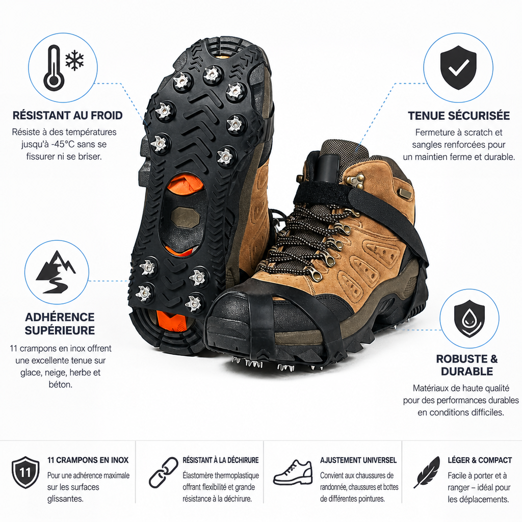 Botte équipée de crampons entourée de pictogrammes et textes détaillant résistance au froid, adhérence et solidité 5