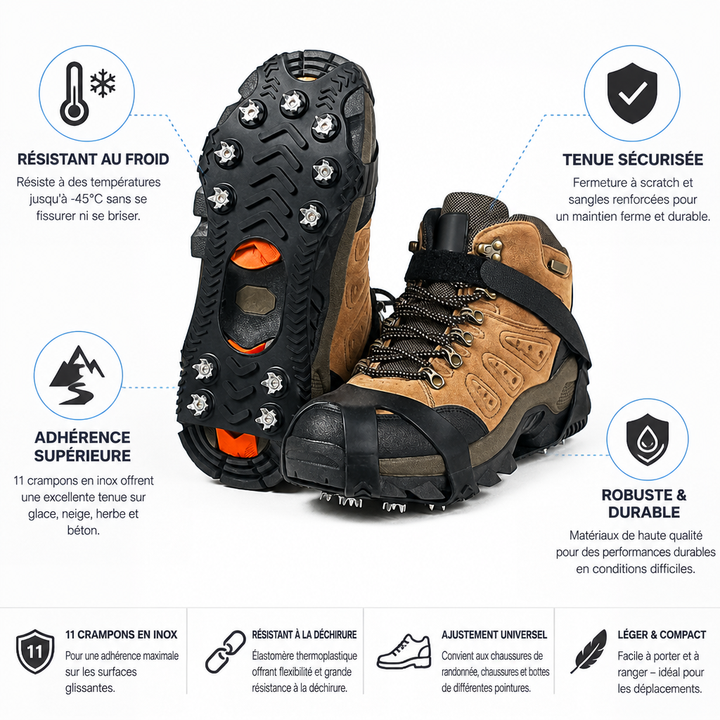 Botte équipée de crampons entourée de pictogrammes et textes détaillant résistance au froid, adhérence et solidité 5