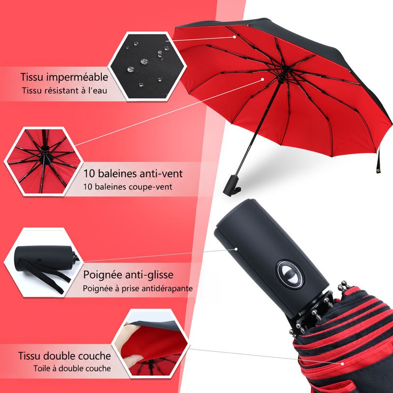 Détails du parapluie à doublure rouge : tissu, dix baleines, poignée antidérapante, double toile 10
