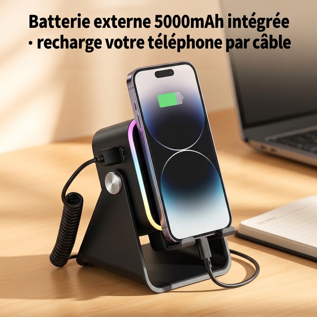 Téléphone en charge sur le support noir, relié par un câble spiralé, près d'un ordinateur portable 5