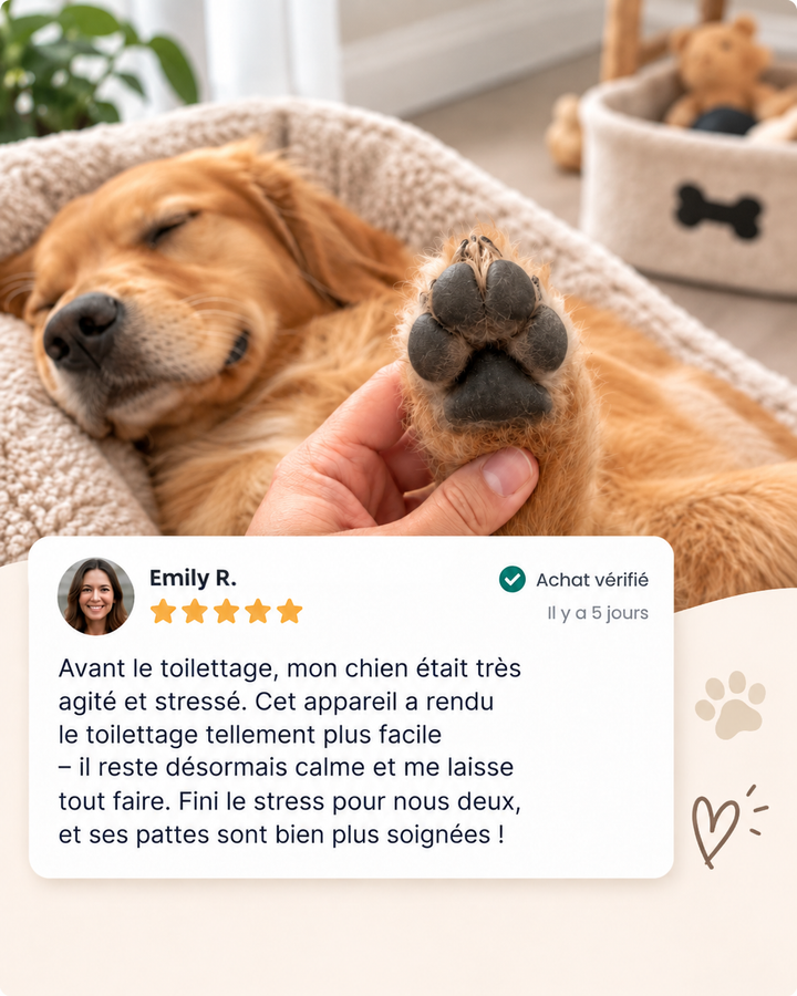 Chien golden retriever endormi dans son panier, patte soigneusement tondue tenue en main, avec un avis client cinq étoiles 8