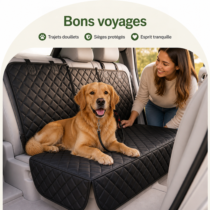Golden retriever couché sur la housse noire installée dans une voiture, tandis qu'une jeune femme souriante se penche vers lui. 5