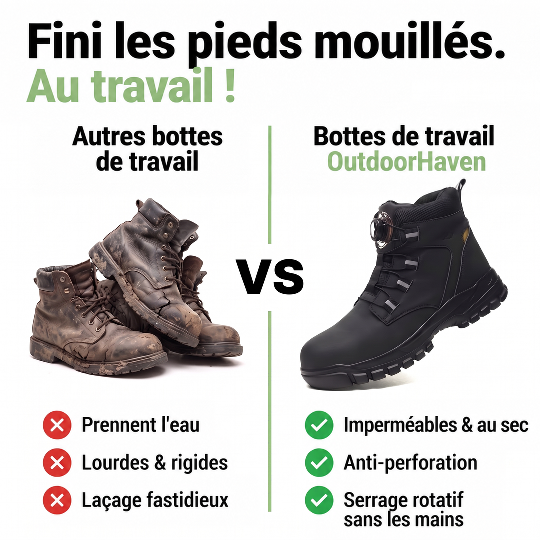 Comparatif entre de vieilles bottes brunes boueuses et la botte noire à molette, avec listes d'avantages 4