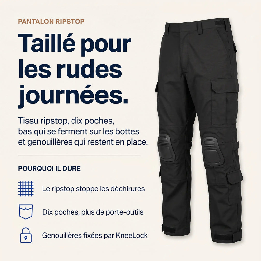 Visuel d'information présentant le pantalon noir avec genouillères, accompagné de trois points forts sur le tissu, les poches et le maintien. 4
