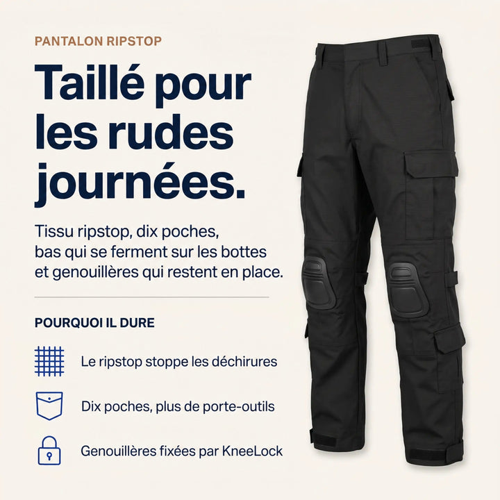 Visuel d'information présentant le pantalon noir avec genouillères, accompagné de trois points forts sur le tissu, les poches et le maintien. 4