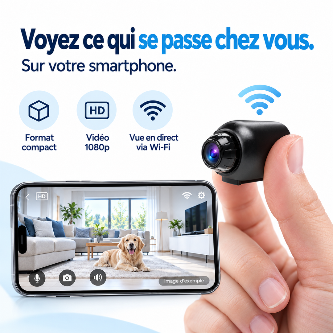 Petite caméra noire tenue entre deux doigts, avec un téléphone affichant la vue en direct d'un salon et d'un chien 1